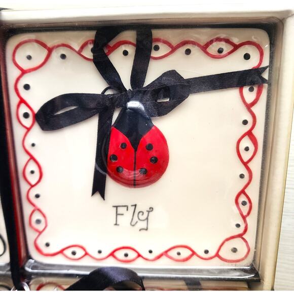 LADYBUG HANGING TILES-Embossed Ladybug-Black Hanging Ribbon-4.5"x4.5"-Set of 4 - Picture 6 of 11